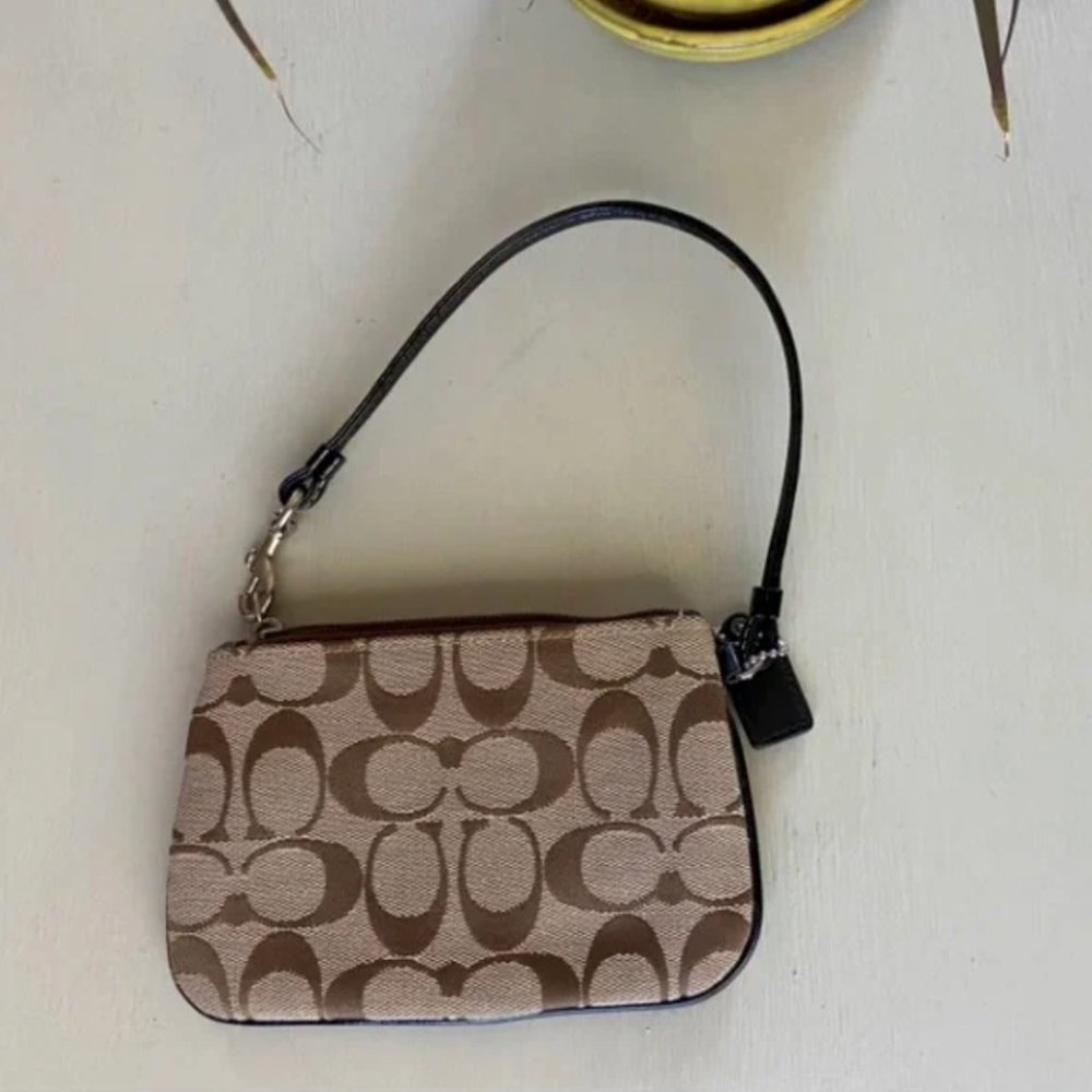 EUC COACH Signature Canvas and Patent Leather Wristlet Brown And Tan